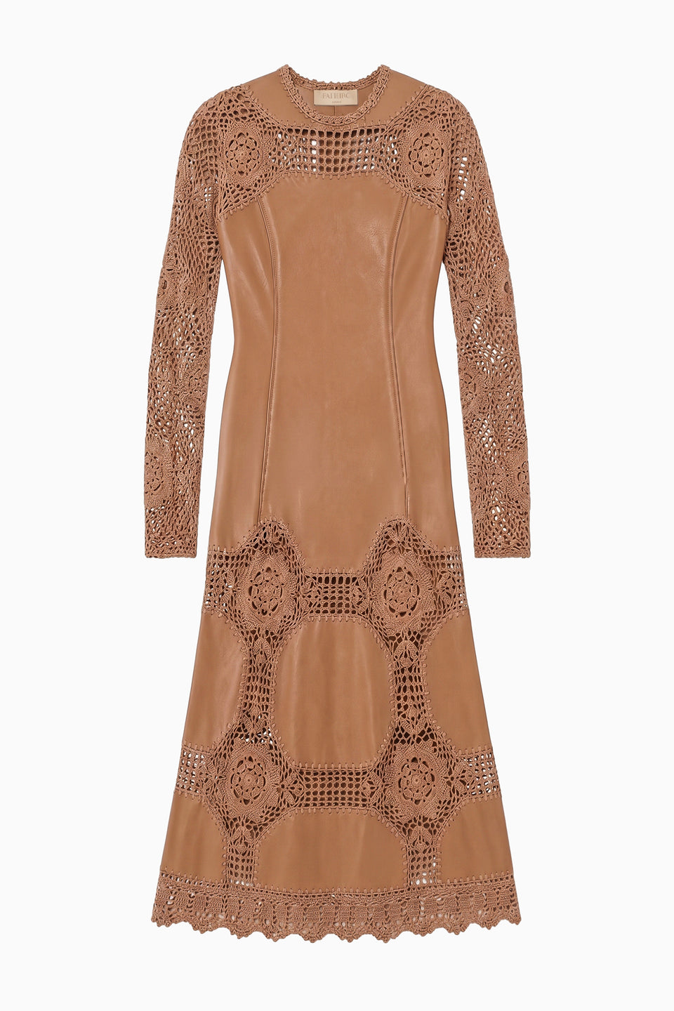Emi Long Sleeve Crochet & Leather Dress - Camel
