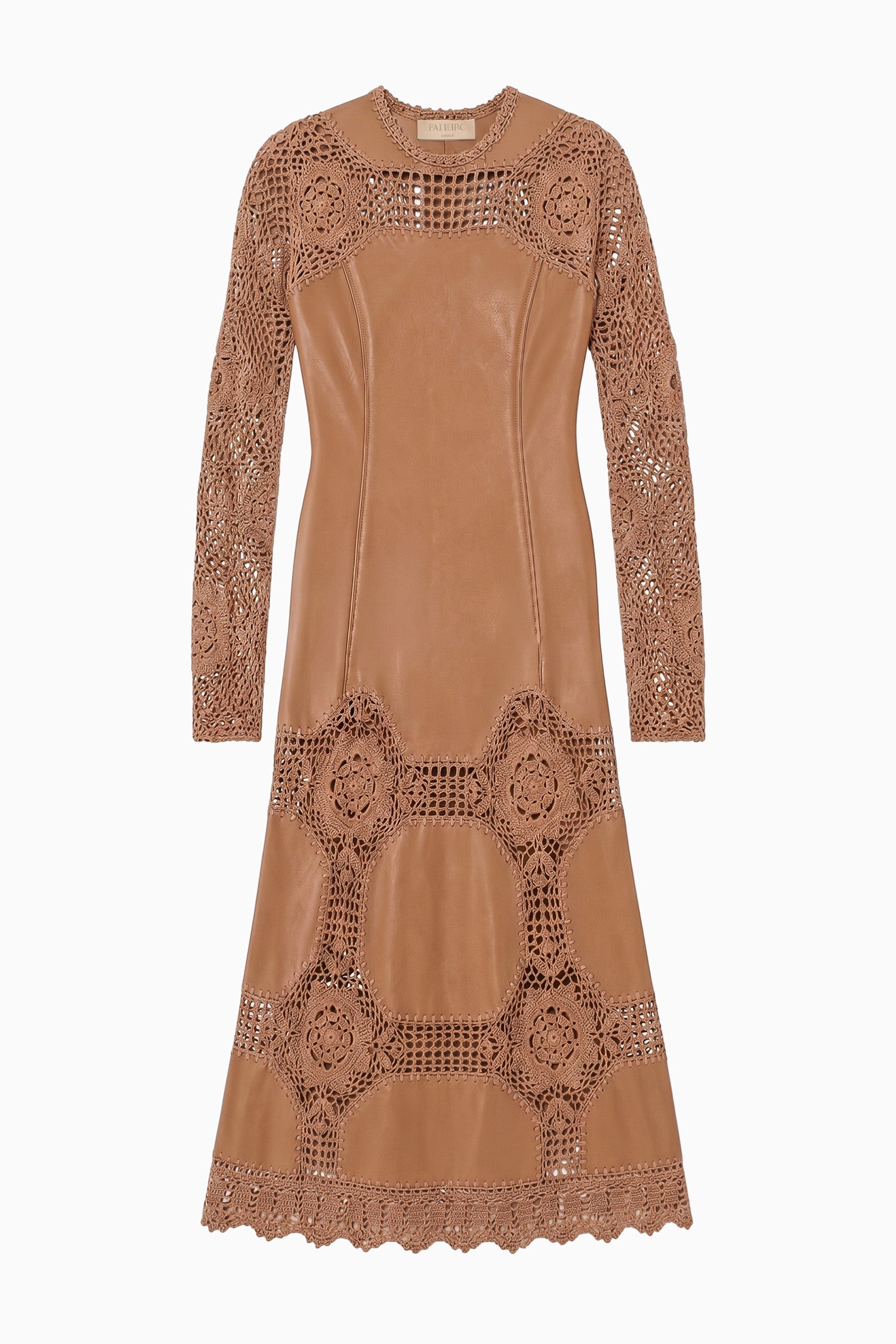 Ulla Johnson Emi Long Sleeve Crochet & Leather Dress - Camel