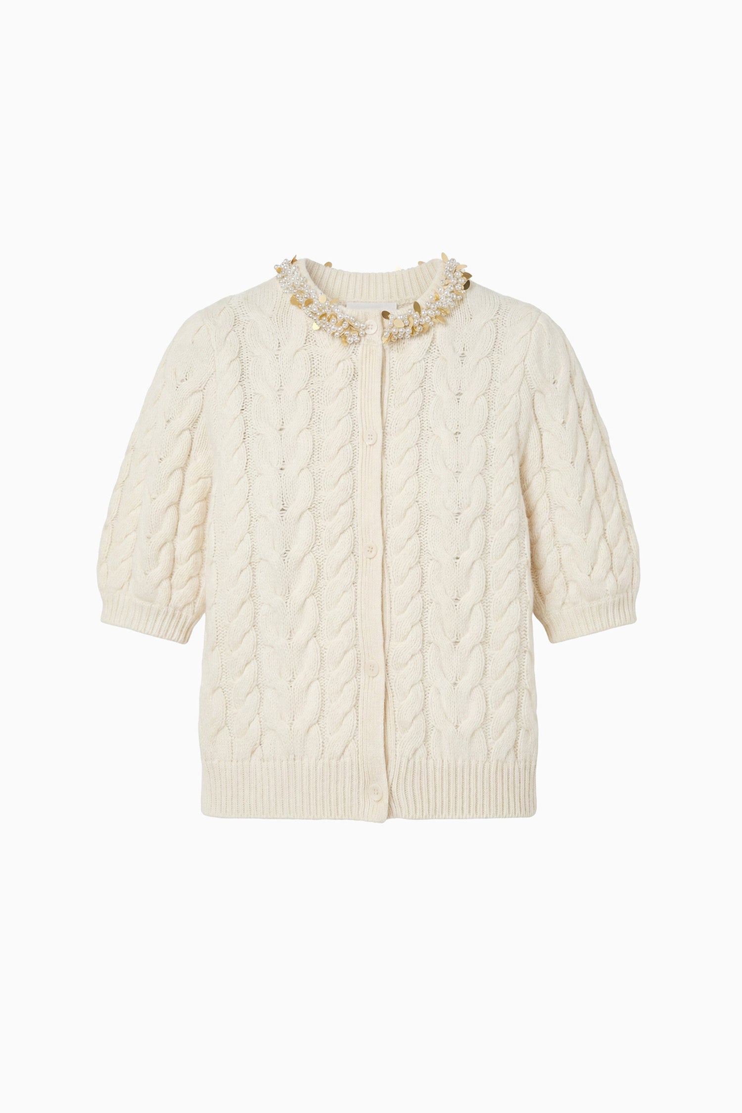 Olivia Short Sleeve Knit Cardigan with Embellishme - Pearl
