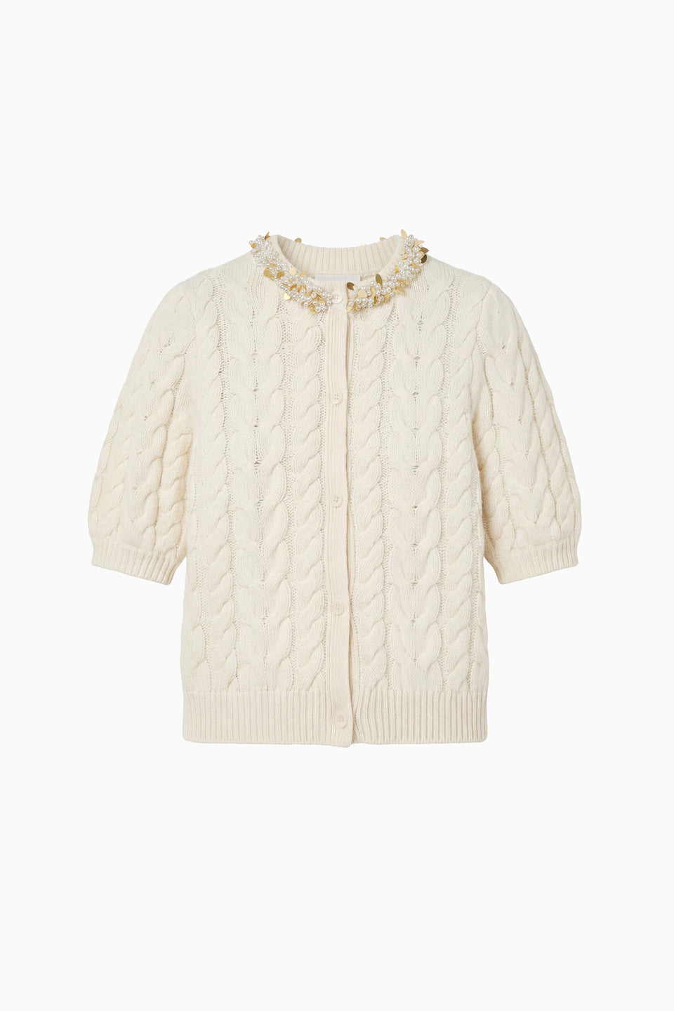 Olivia Short Sleeve Knit Cardigan with Embellishme - Pearl