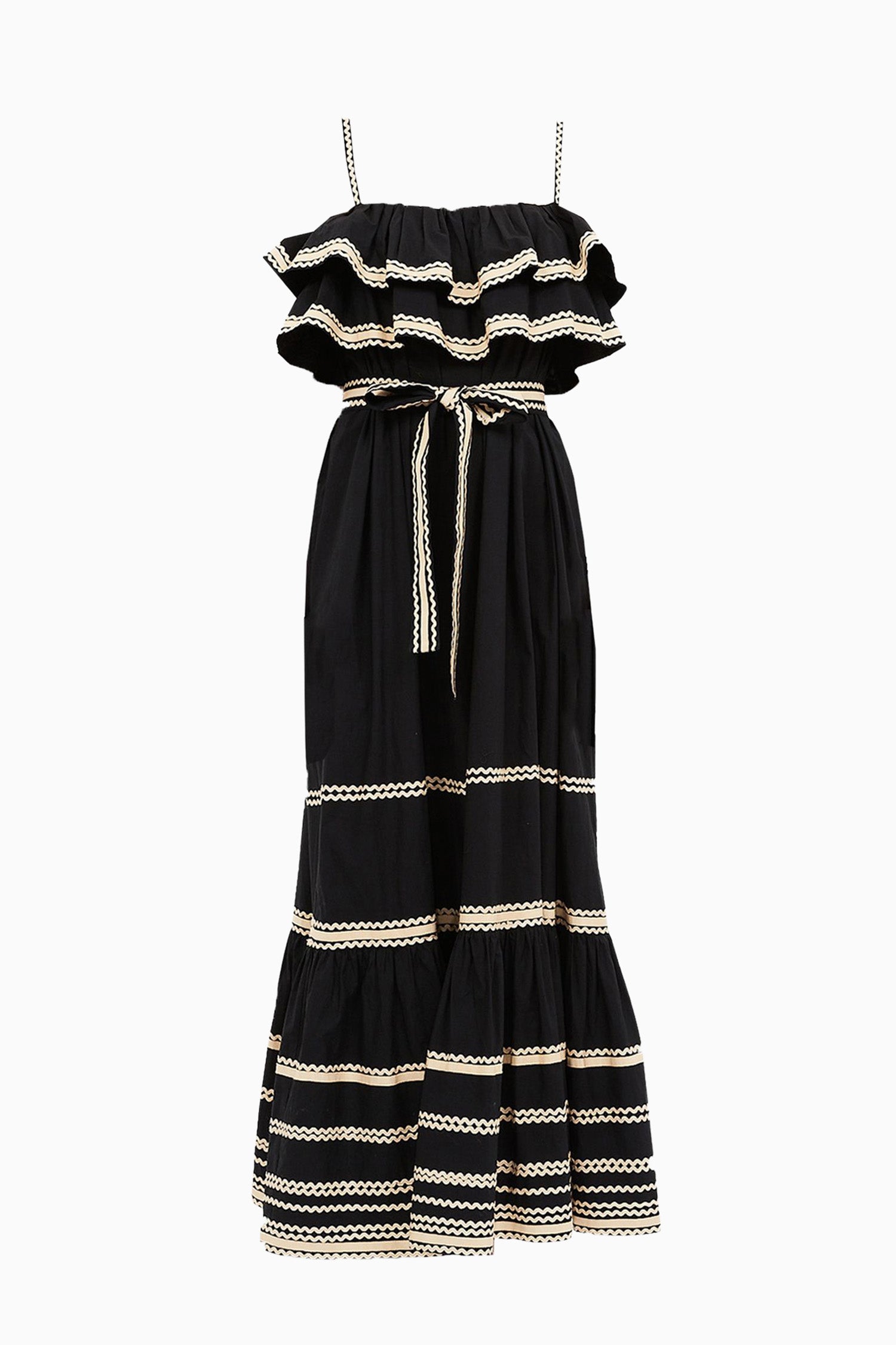 Noir Cotton Poplin Lucian Waist Tie Long Dress with Ric-Rac Trim - Front View | Ulla Johnson