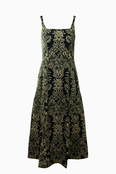Noir Batik Floral Cotton Poplin Midi Dress - Front Flat View | Ulla Johnson