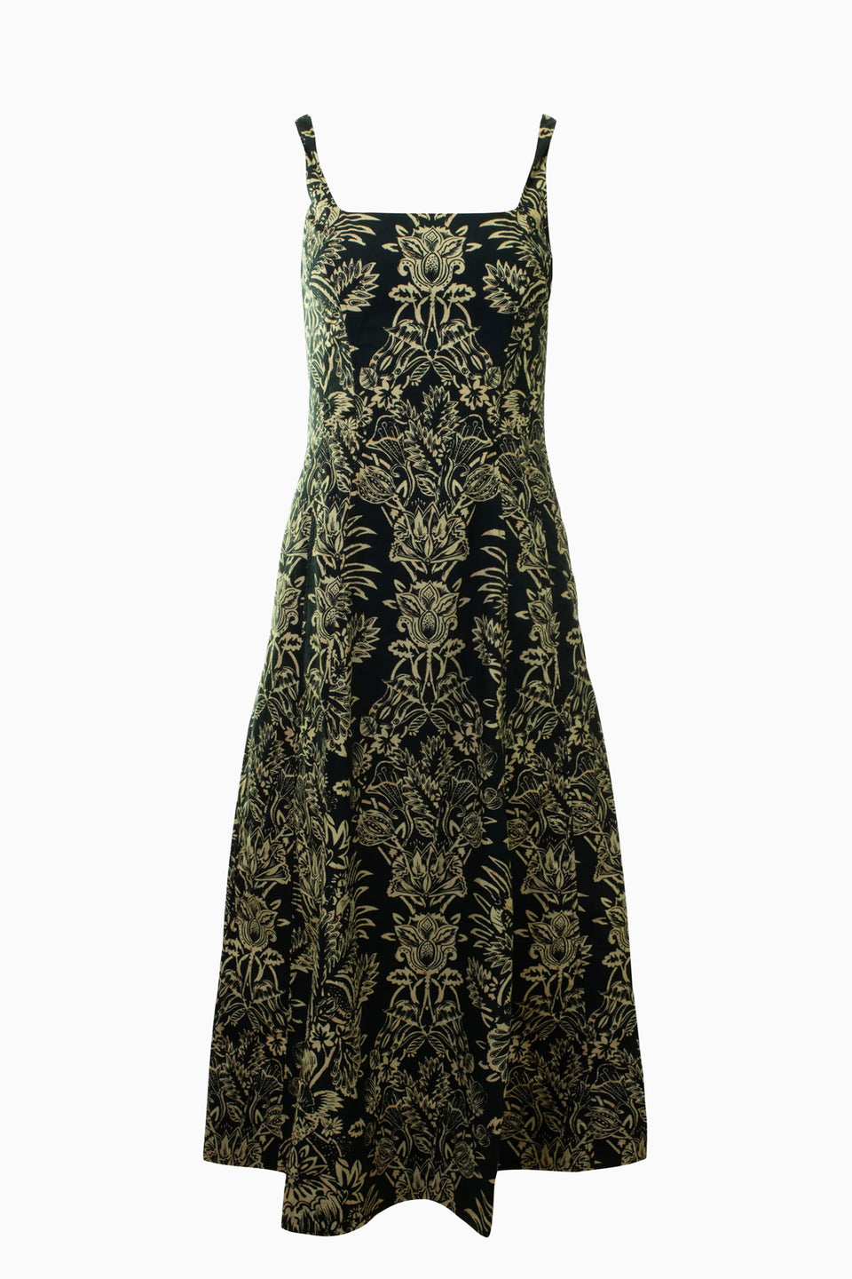 Noir Batik Floral Cotton Poplin Midi Dress - Front Flat View | Ulla Johnson