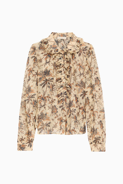 Cameo Metallic Chiffon Palm Floral Ruffle Placket Blouse - Flat Lay | Ulla Johnson