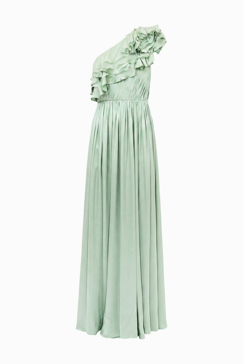 Avalina Ruffled Silk One Shouder Gown - Celadon