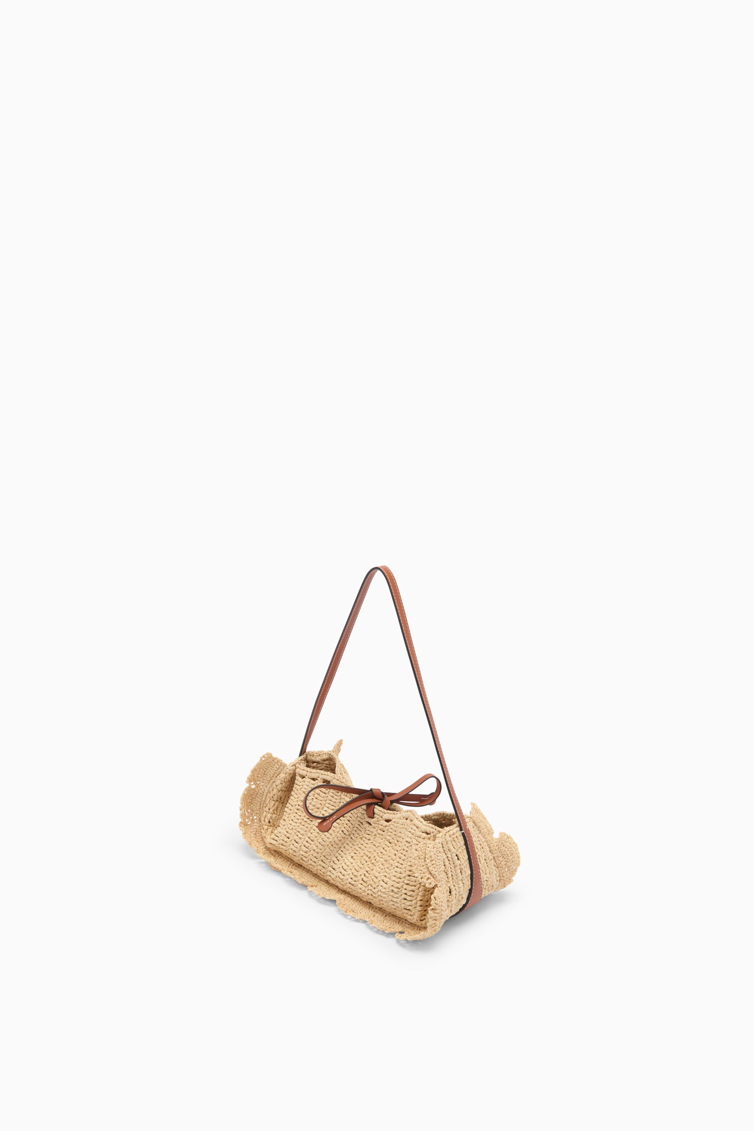 Ulla Johnson Natural Designer Raffia Scallop Pouchette - Angled Side View with Leather Strap | Ulla Johnson
