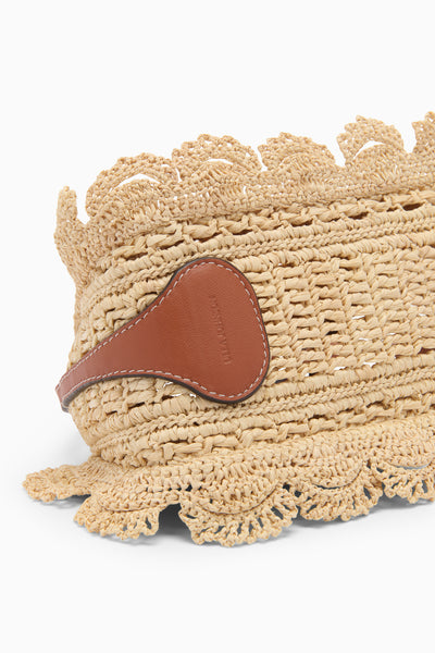Natural Raffia Pouchette Close-Up - Hand-Crocheted Scallop Edge & Leather Logo Detail | Ulla Johnson