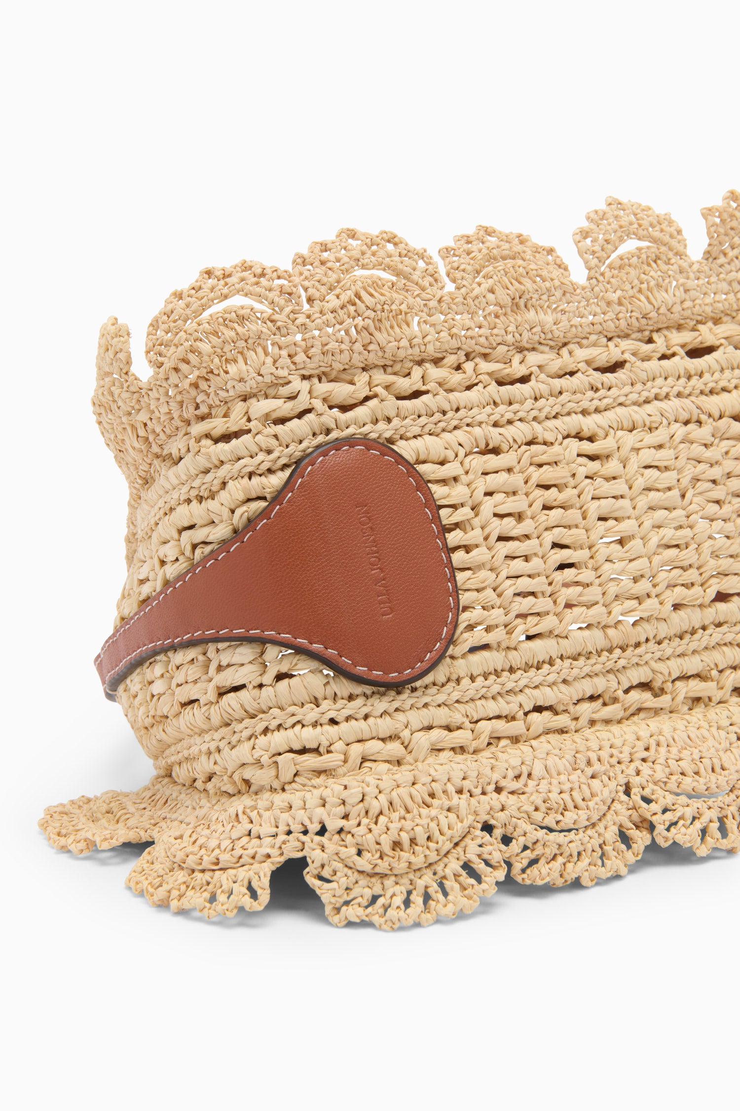 Ulla Johnson Natural Raffia Pouchette Close-Up - Hand-Crocheted Scallop Edge & Leather Logo Detail | Ulla Johnson