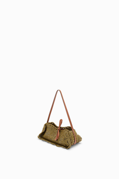 Olive Designer Raffia Scallop Pouchette with Leather Strap - Angle View | Ulla Johnson