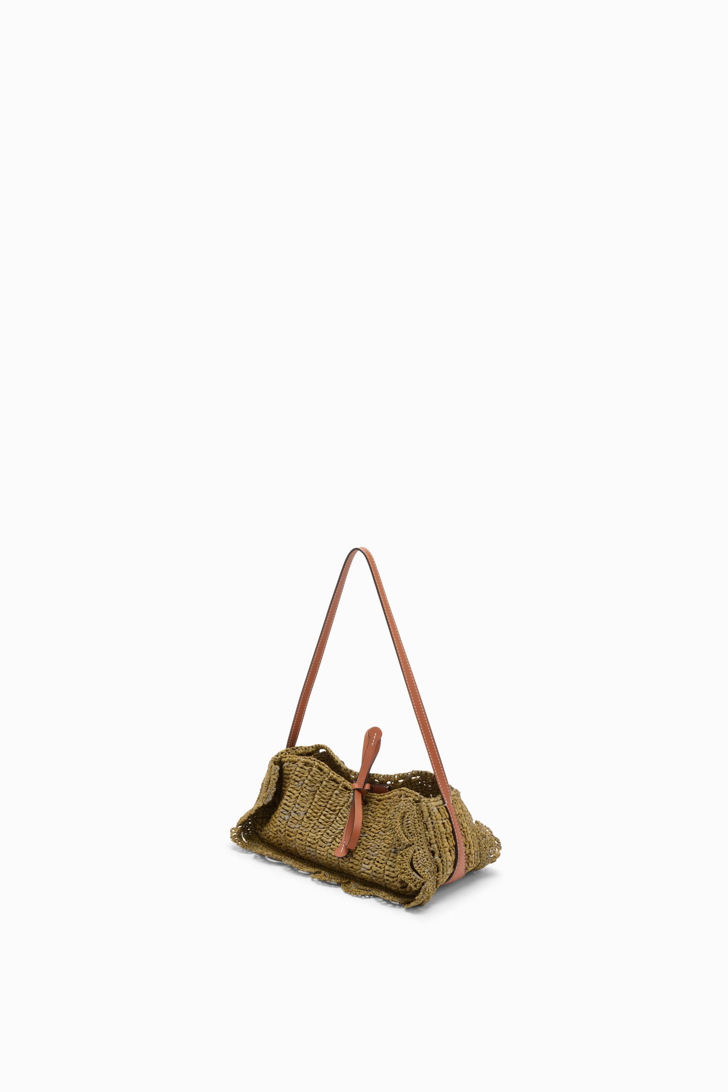 Ulla Johnson Olive Designer Raffia Scallop Pouchette with Leather Strap - Angle View | Ulla Johnson