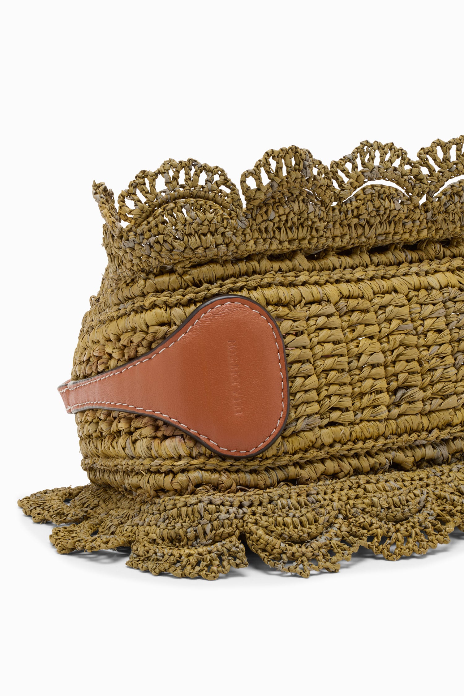 Ulla Johnson Olive Raffia Pouchette Scallop & Leather Logo Patch Close-Up Detail | Ulla Johnson