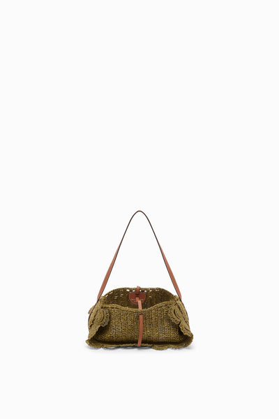 Olive Luxury Raffia Scallop Pouchette - Open Interior View with Leather Drawstring | Ulla Johnson