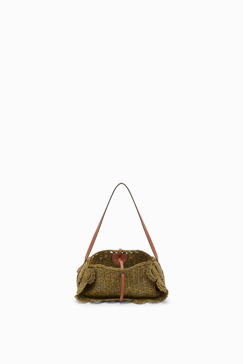 Olive Luxury Raffia Scallop Pouchette - Open Interior View with Leather Drawstring | Ulla Johnson