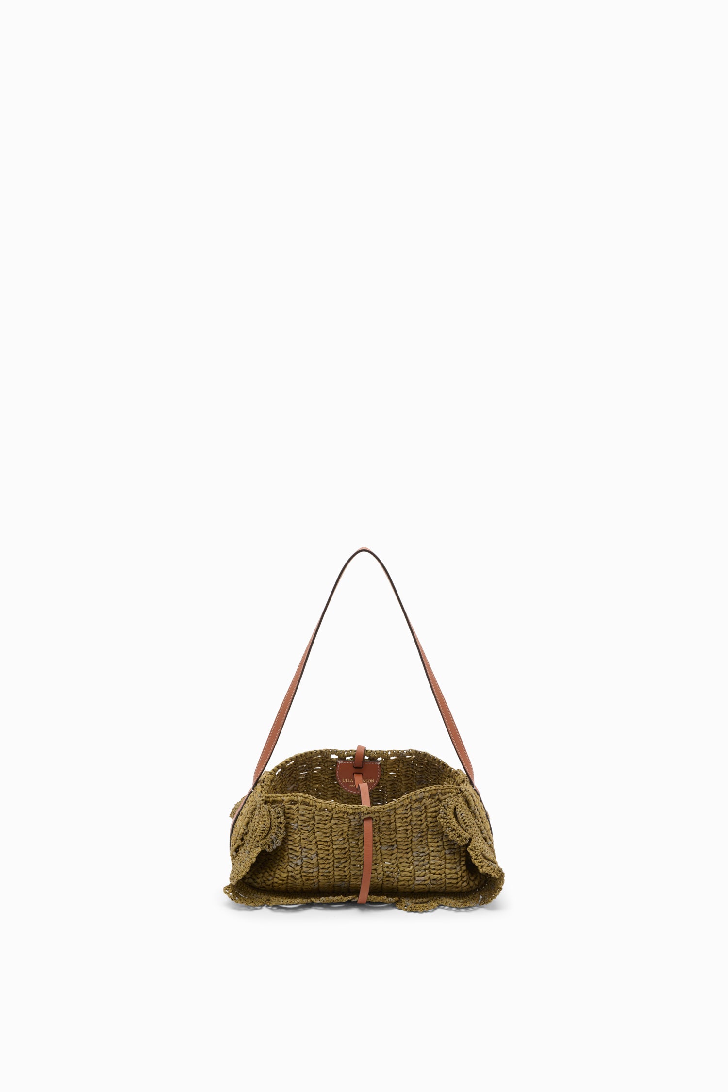 Ulla Johnson Olive Luxury Raffia Scallop Pouchette - Open Interior View with Leather Drawstring | Ulla Johnson