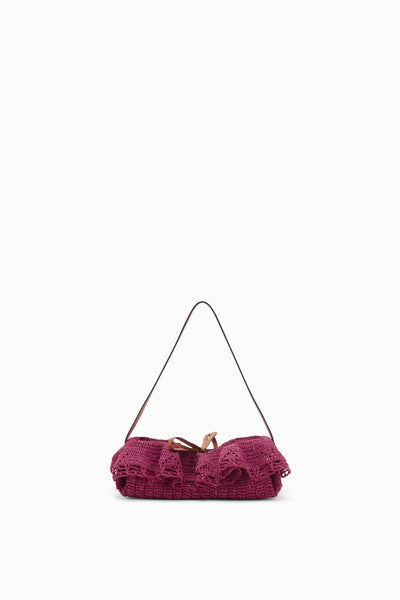 Marina Raffia Ruffle Pouchette - Orchid Raffia Drawstring Shoulder