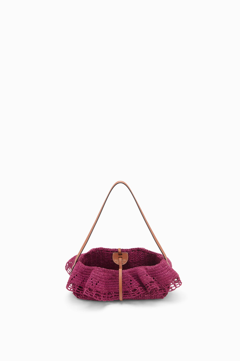 Orchid Hand-Crocheted Raffia Ruffle Pouchette - Open Top View with Leather Strap | Ulla Johnson