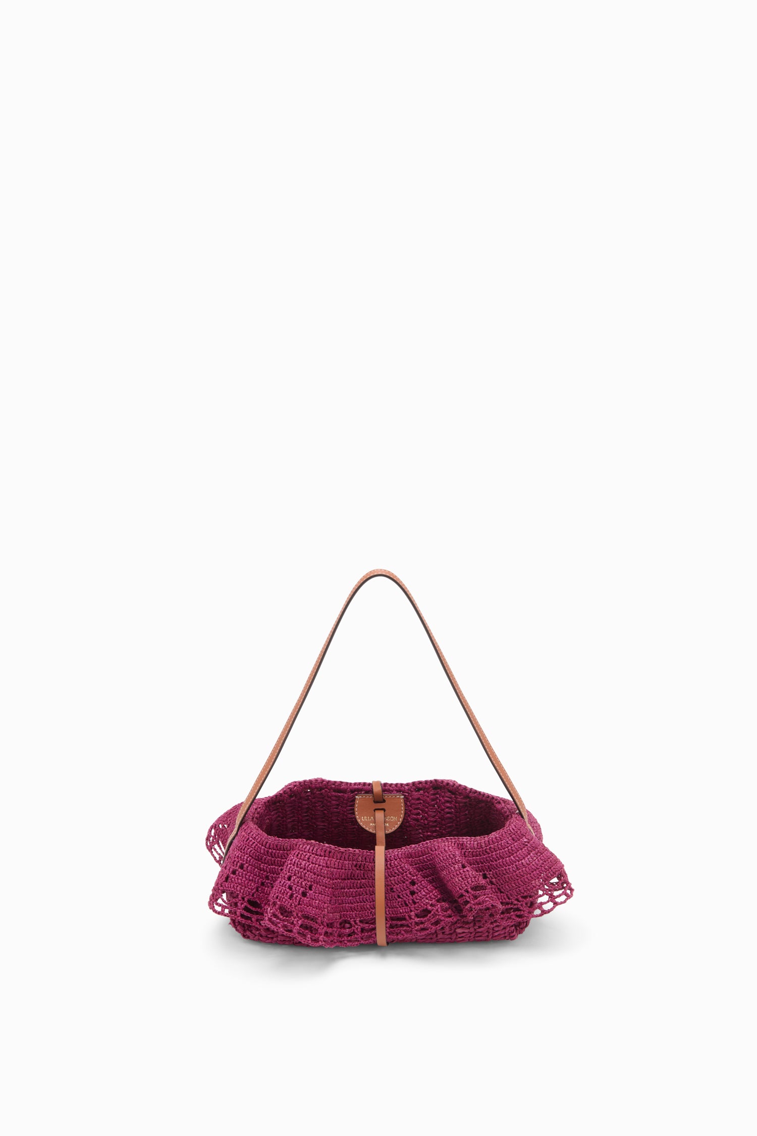 Ulla Johnson Orchid Hand-Crocheted Raffia Ruffle Pouchette - Open Top View with Leather Strap | Ulla Johnson