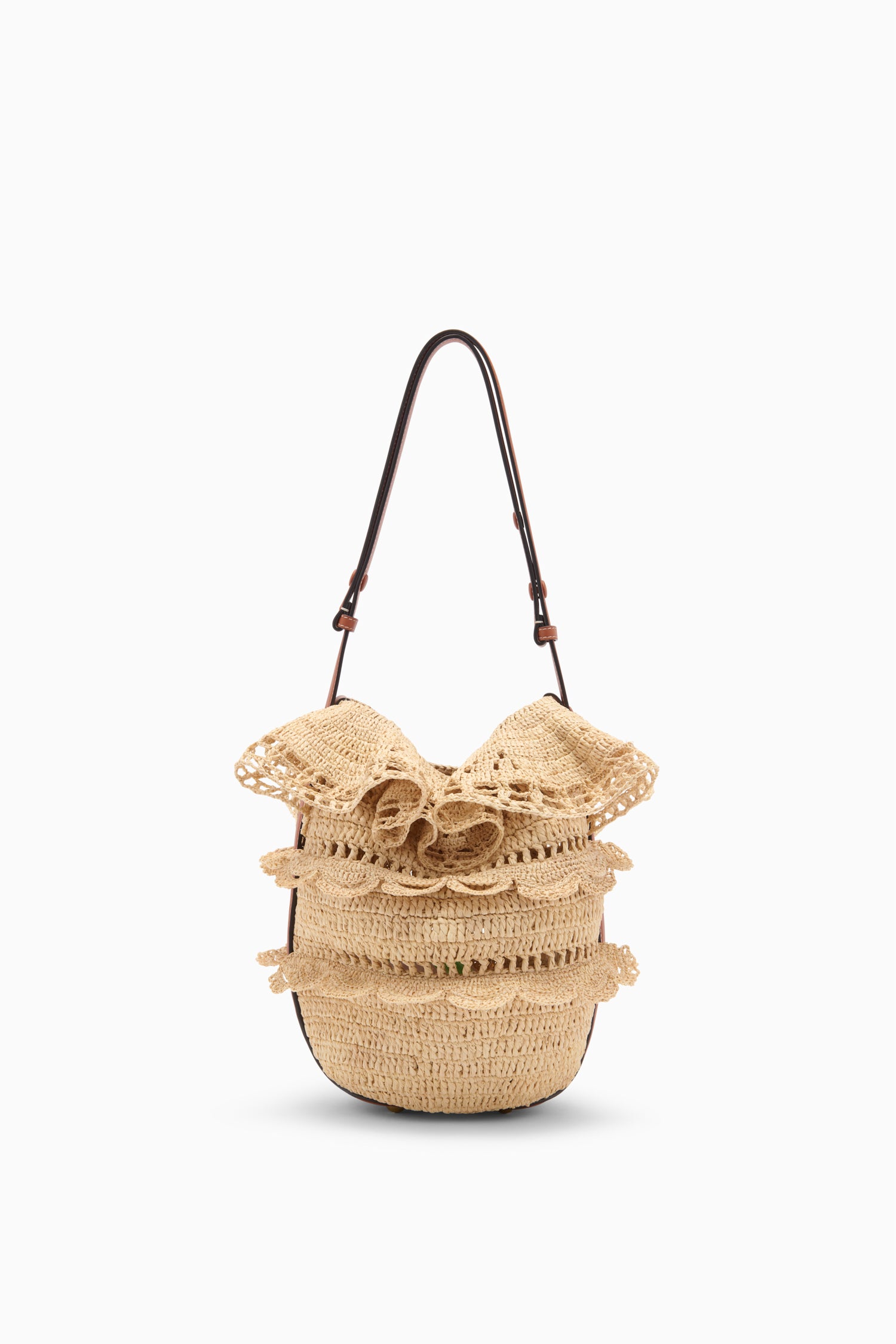 Natural Hand-Crocheted Raffia Ruffle Bucket Bag - Front View | Ulla Johnson