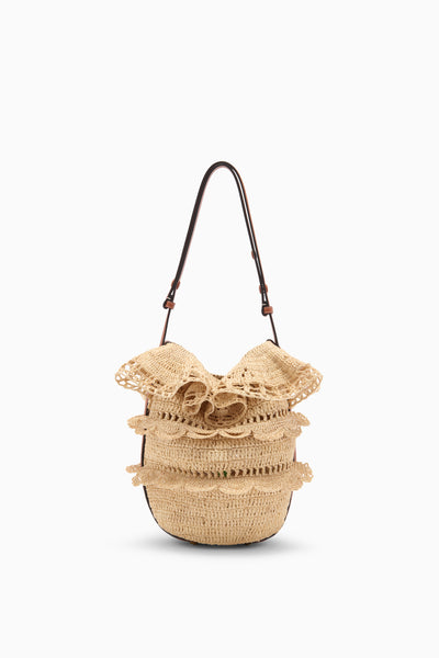 Natural Hand-Crocheted Raffia Ruffle Bucket Bag - Front View | Ulla Johnson