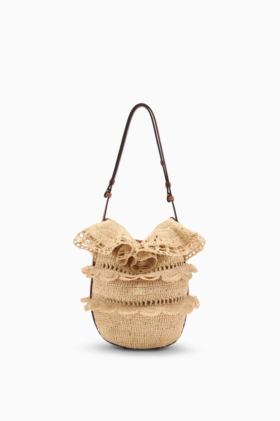 Natural Hand-Crocheted Raffia Ruffle Bucket Bag - Front View | Ulla Johnson