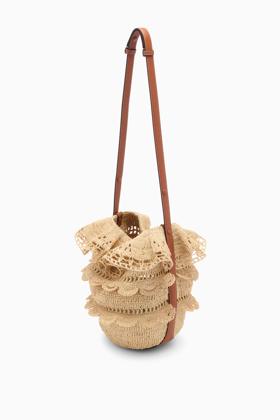 Natural Designer Raffia Bucket Bag with Tan Leather Strap - Side Profile | Ulla Johnson