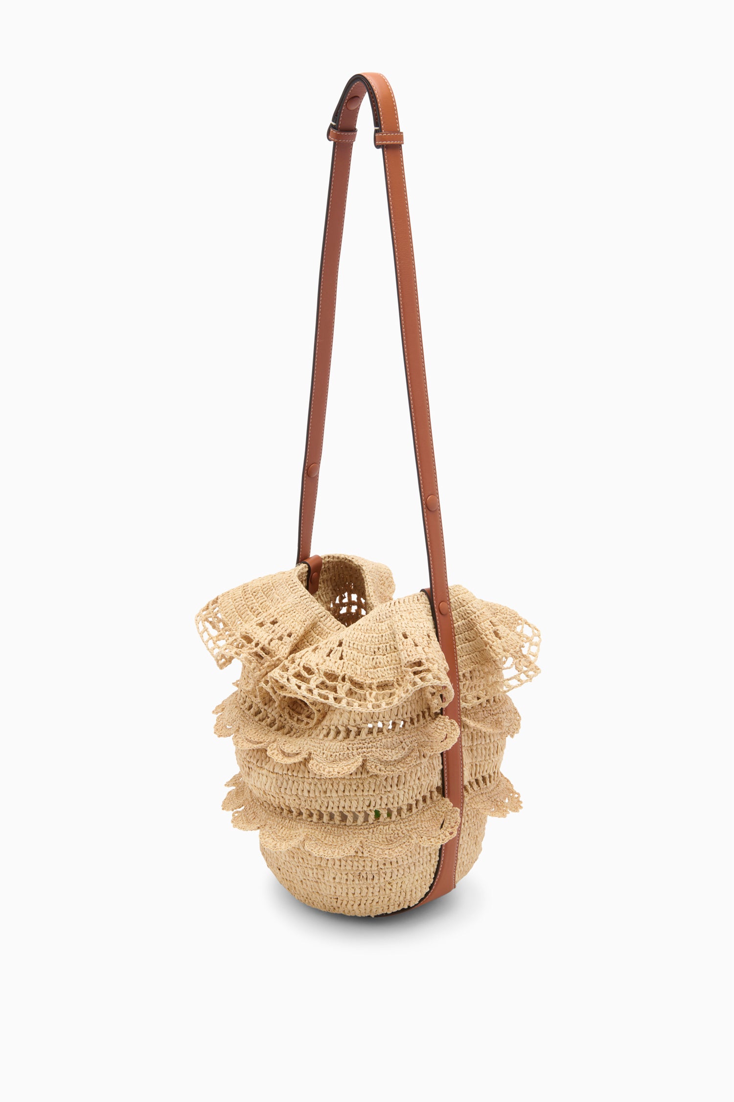 Ulla Johnson Natural Designer Raffia Bucket Bag with Tan Leather Strap - Side Profile | Ulla Johnson