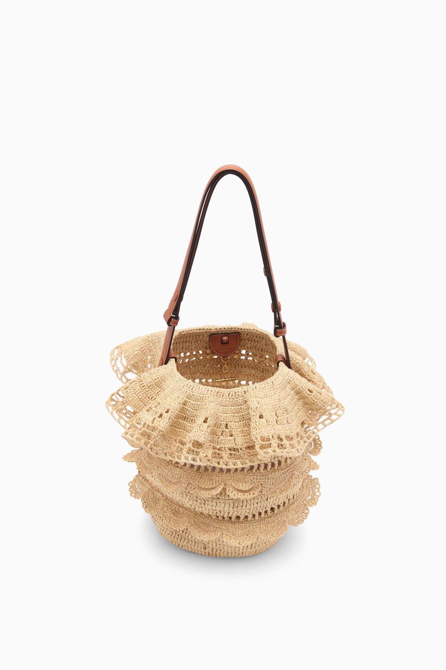 Ulla Johnson Natural Luxury Raffia Bucket Bag - Open Top View with T-Bar Closure Detail | Ulla Johnson