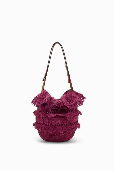 Orchid Hand-Crocheted Raffia Ruffle Bucket Bag - Front View | Ulla Johnson