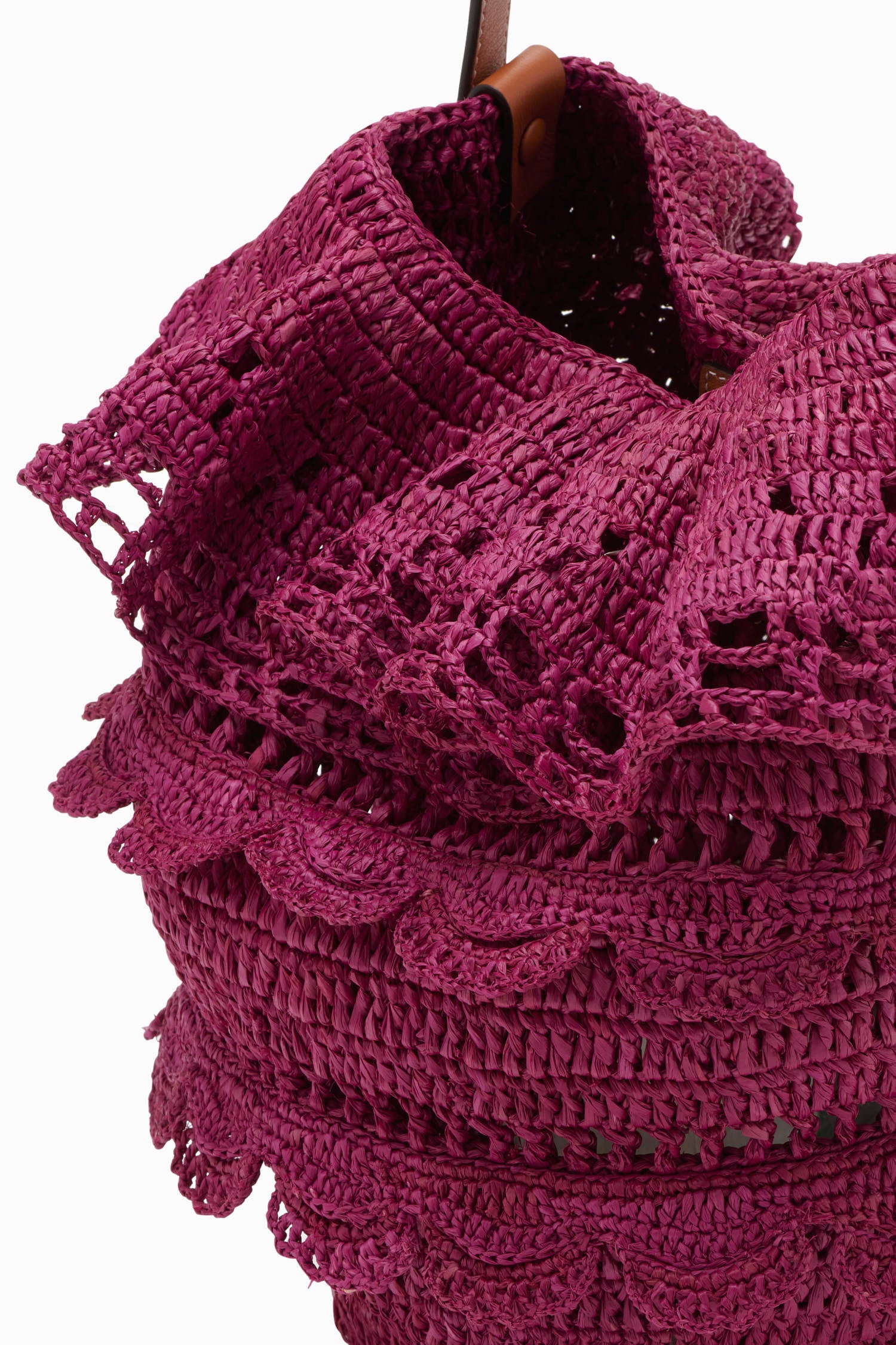 Ulla Johnson Orchid Hand-Crocheted Raffia Bucket Bag Scalloped Ruffle Detail - Top View | Ulla Johnson