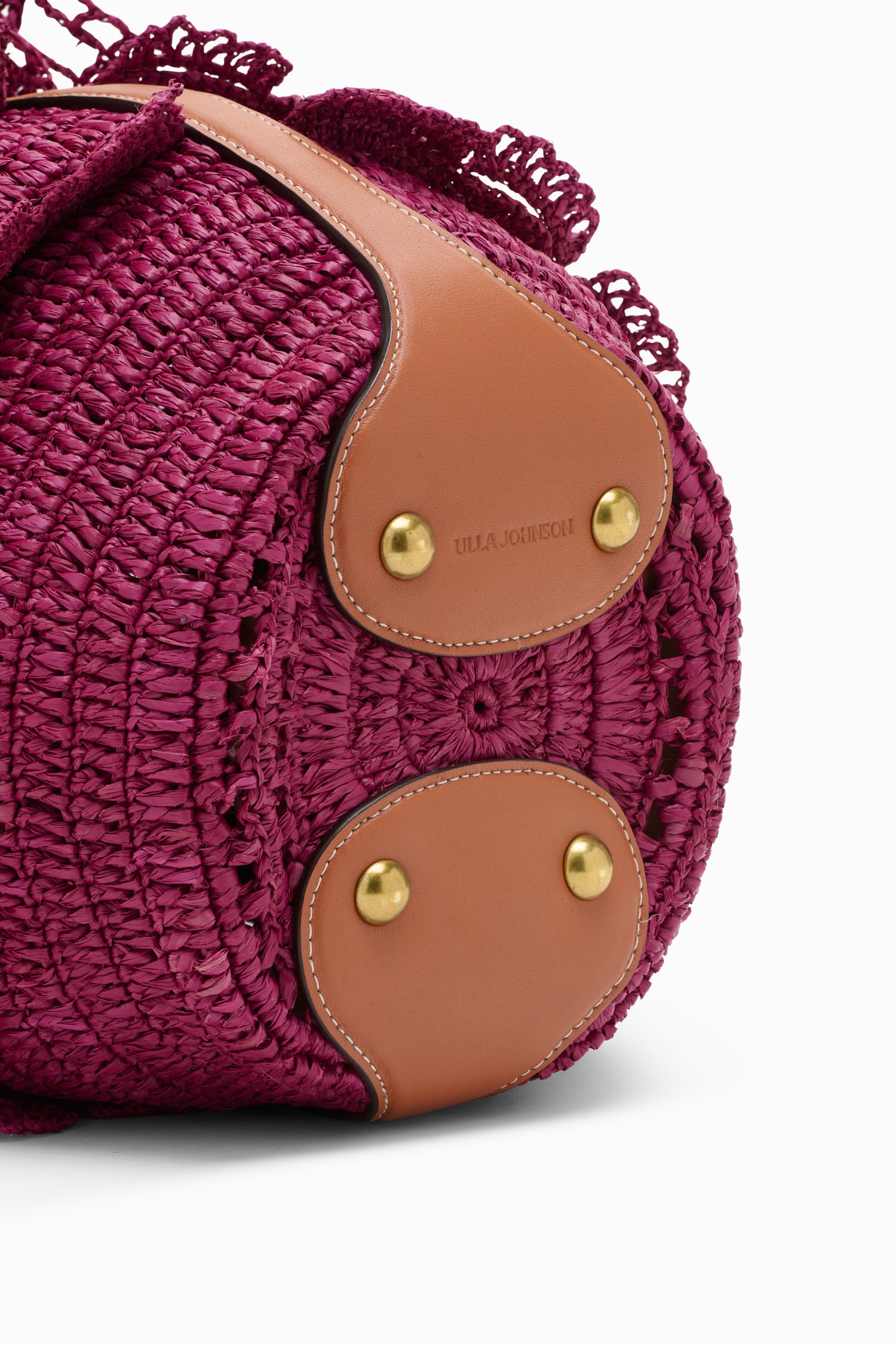 Ulla Johnson Orchid Raffia Bucket Bag Leather Hardware & Gold Stud Detail - Close Up | Ulla Johnson