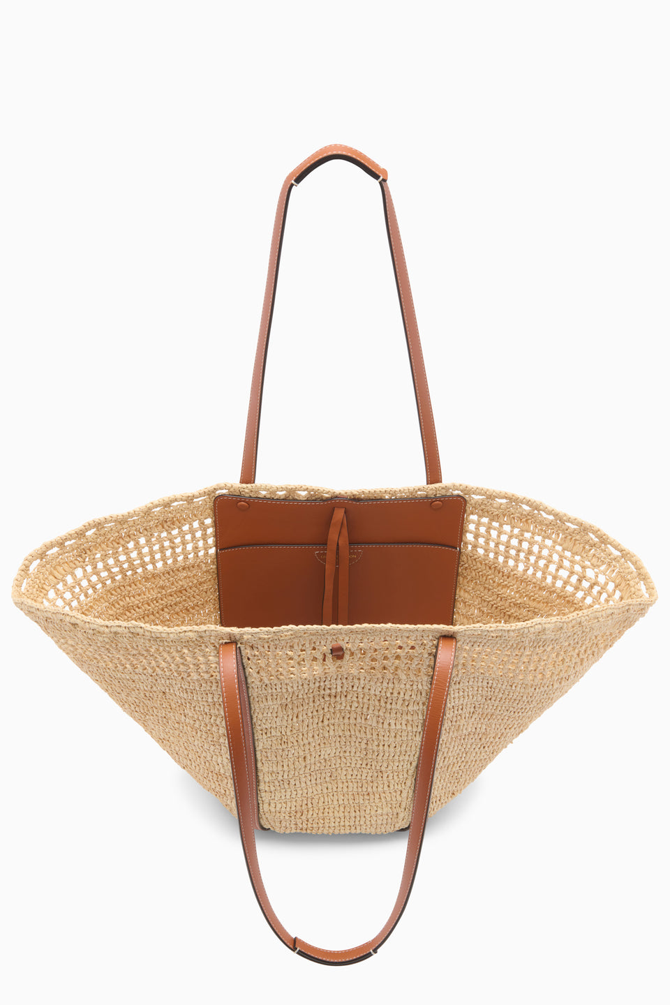 Natural Luxury Raffia Tote Interior with Leather Pocket and Tan Handles - Top View | Ulla Johnson