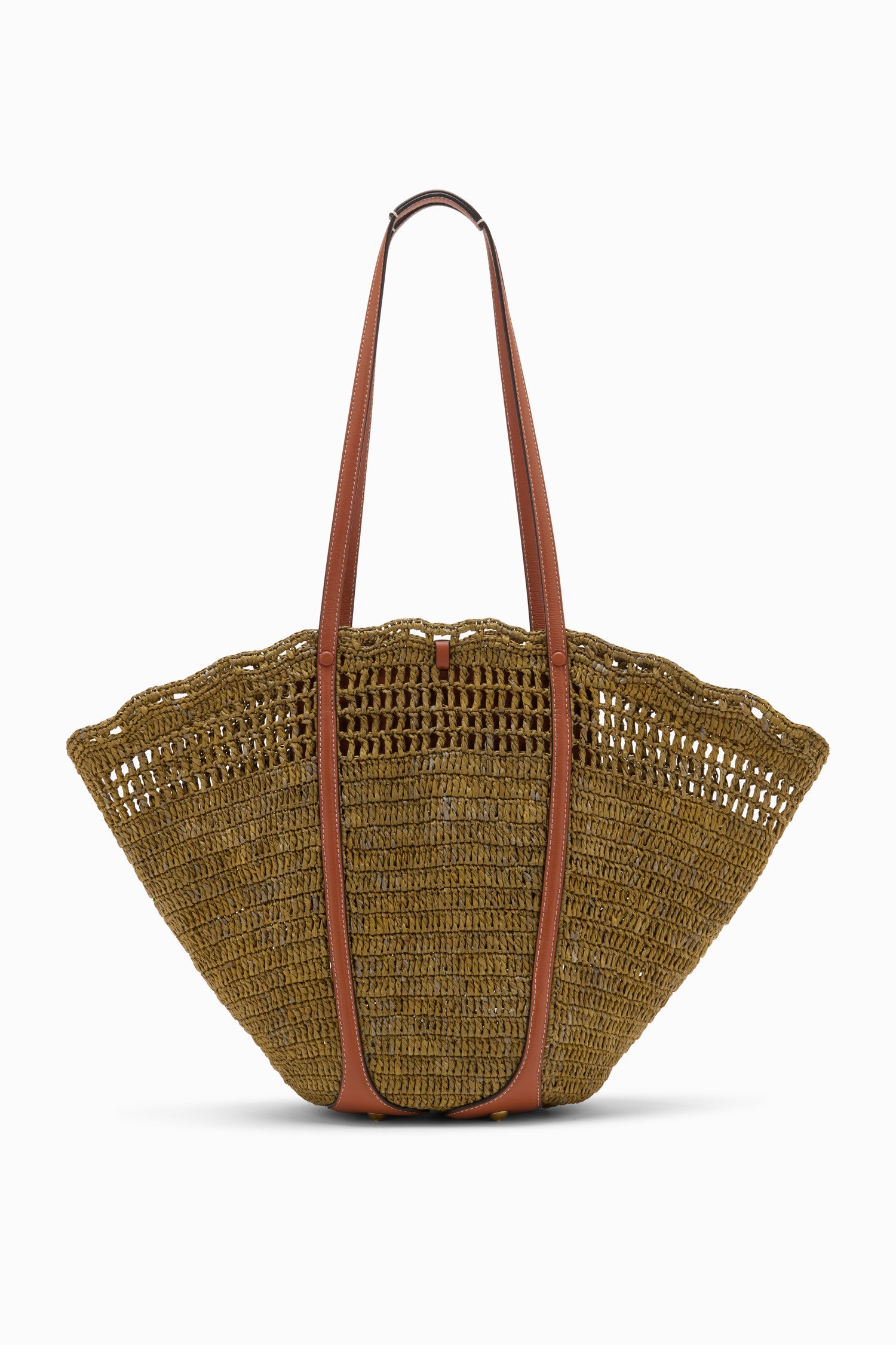 Olive Hand-Crocheted Raffia Tote with Leather Handles - Front View | Ulla Johnson