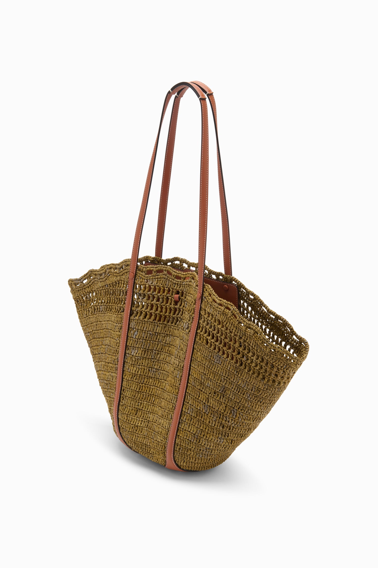 Ulla Johnson Olive Designer Raffia Tote with Scalloped Edge and Tan Leather Straps - Side Angle | Ulla Johnson
