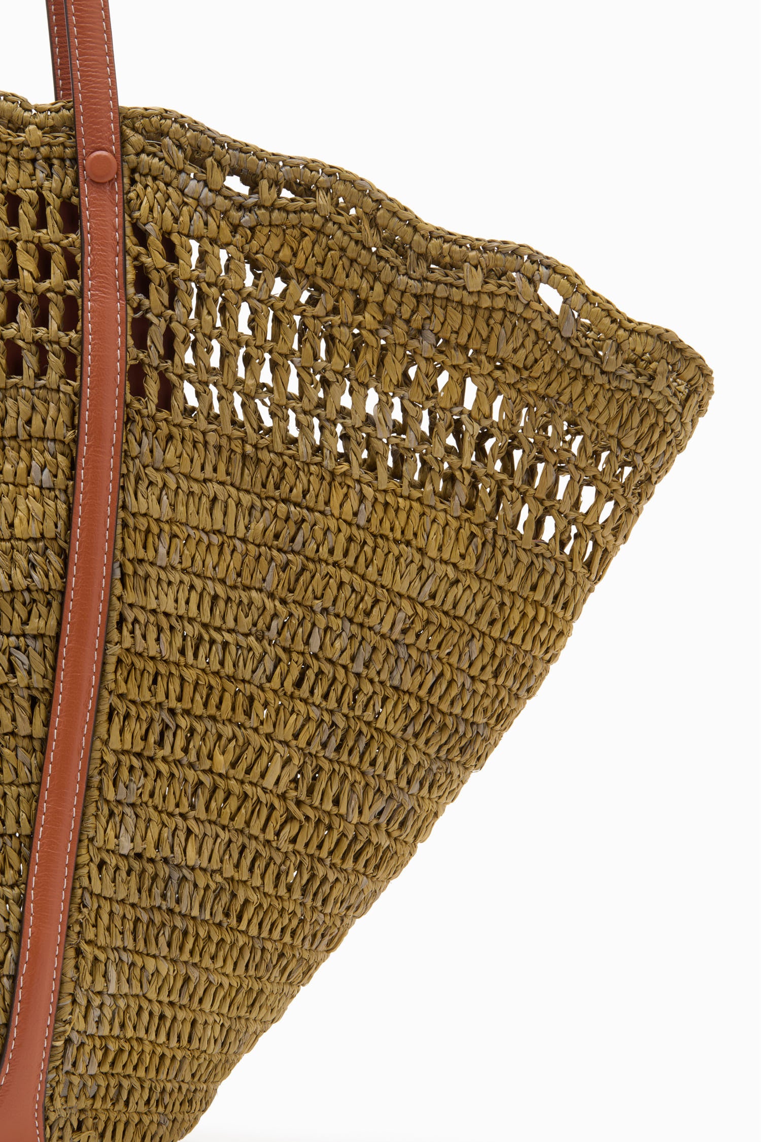 Ulla Johnson Olive Hand-Crocheted Raffia Tote - Close-Up Weave and Leather Handle Detail | Ulla Johnson