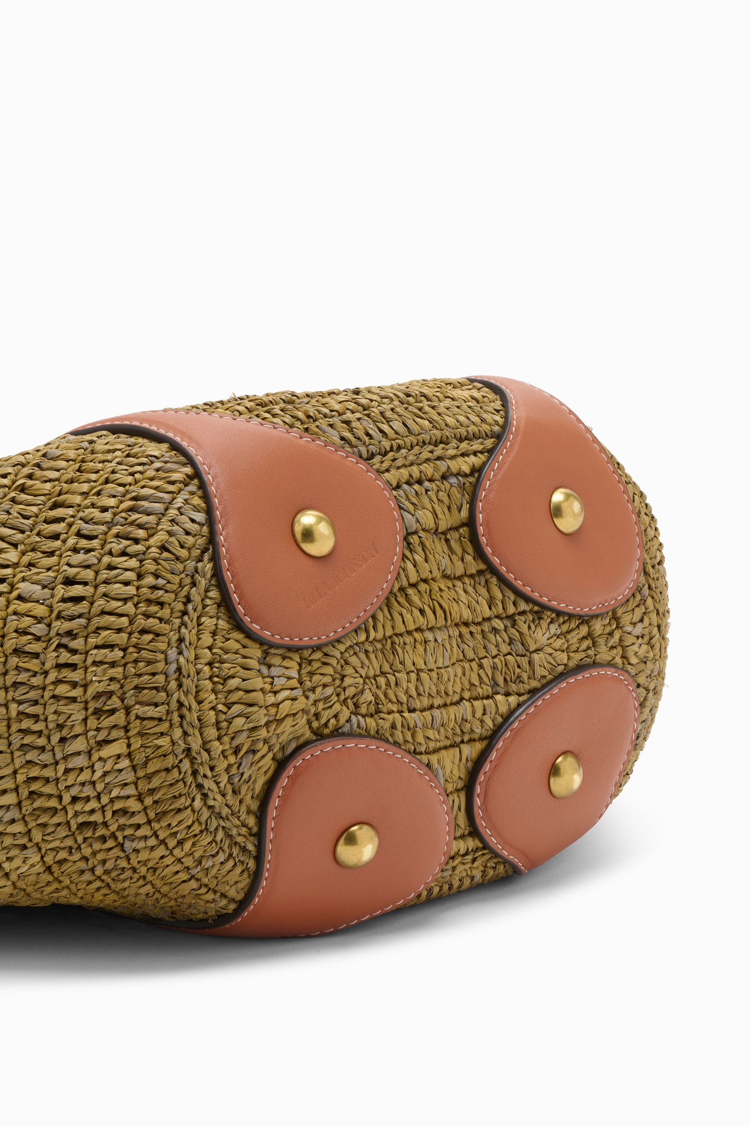 Ulla Johnson Olive Raffia Tote Base Detail - Leather Petal Patches with Gold Studs | Ulla Johnson