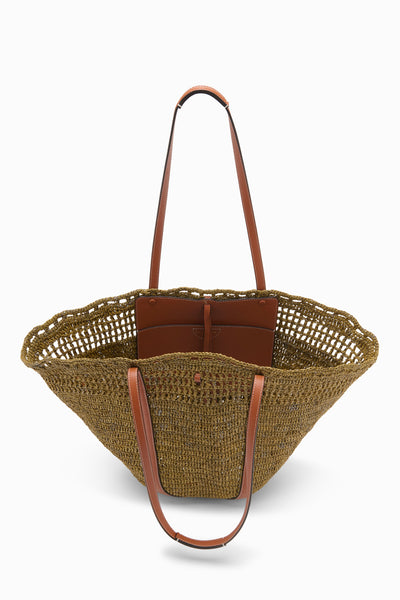 Olive Luxury Raffia Tote Interior View with Leather Pocket - Open Top Detail | Ulla Johnson