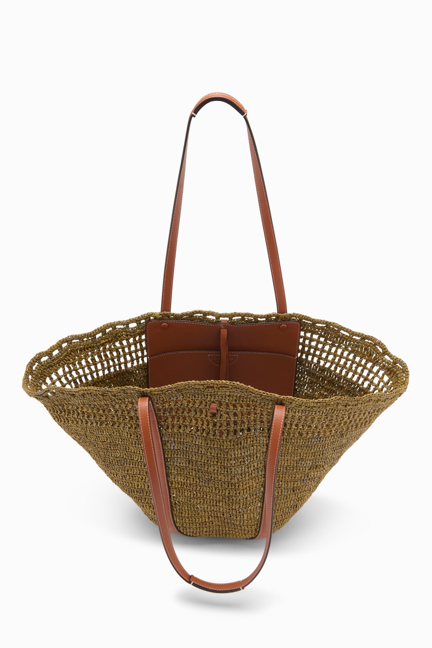 Ulla Johnson Olive Luxury Raffia Tote Interior View with Leather Pocket - Open Top Detail | Ulla Johnson
