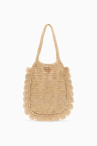 Natural Hand-Crocheted Raffia Flat Tote with Scalloped Edge - Front View | Ulla Johnson