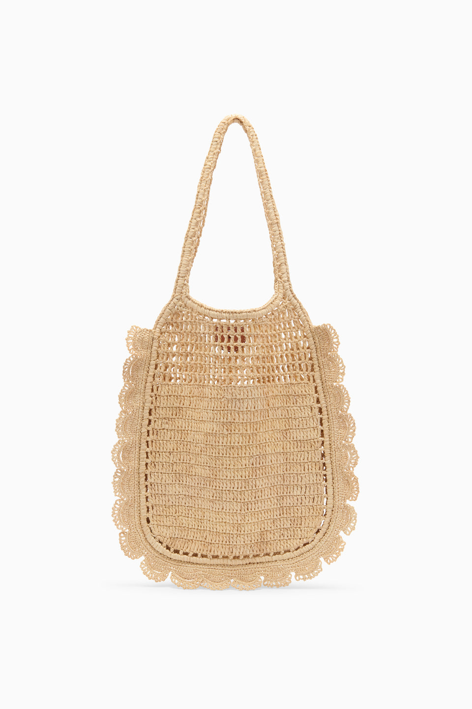 Natural Hand-Crocheted Raffia Flat Tote with Scalloped Edge - Front View | Ulla Johnson