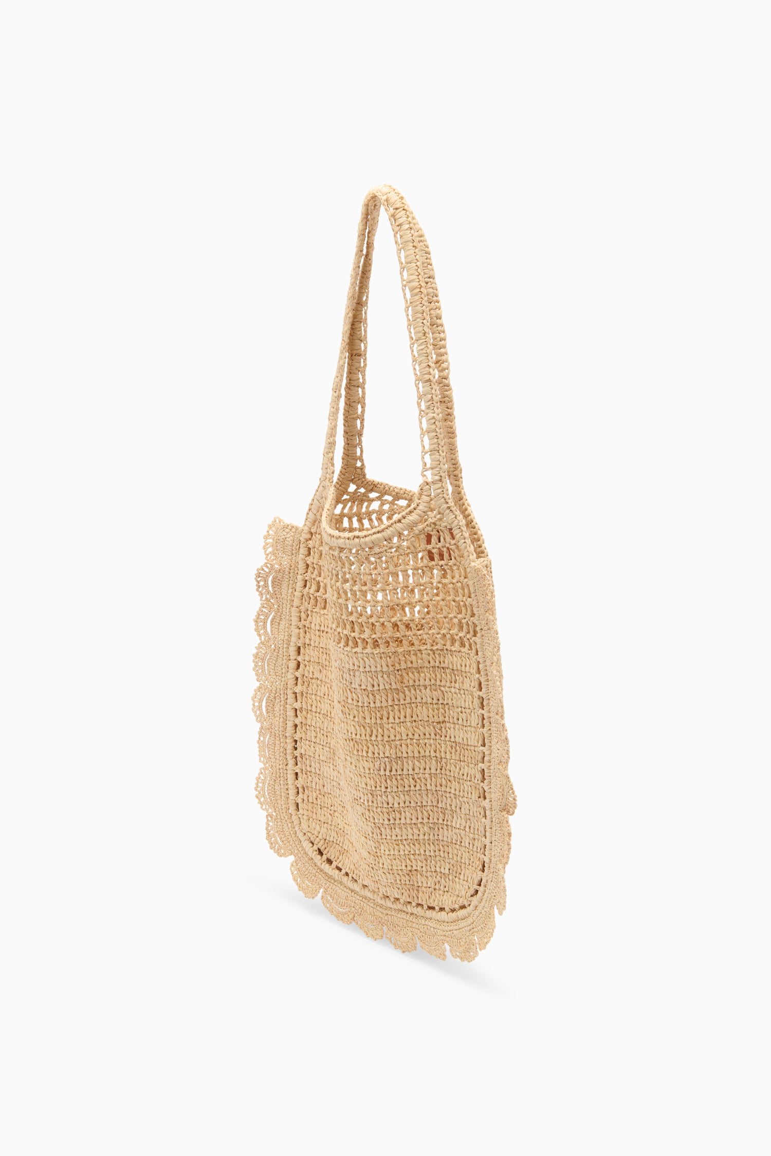 Ulla Johnson Natural Designer Raffia Flat Tote with Petal Scalloping - Side Angle | Ulla Johnson