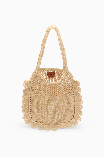 Natural Hand-Crocheted Raffia Flat Tote with Leather Clasp - Front View | Ulla Johnson