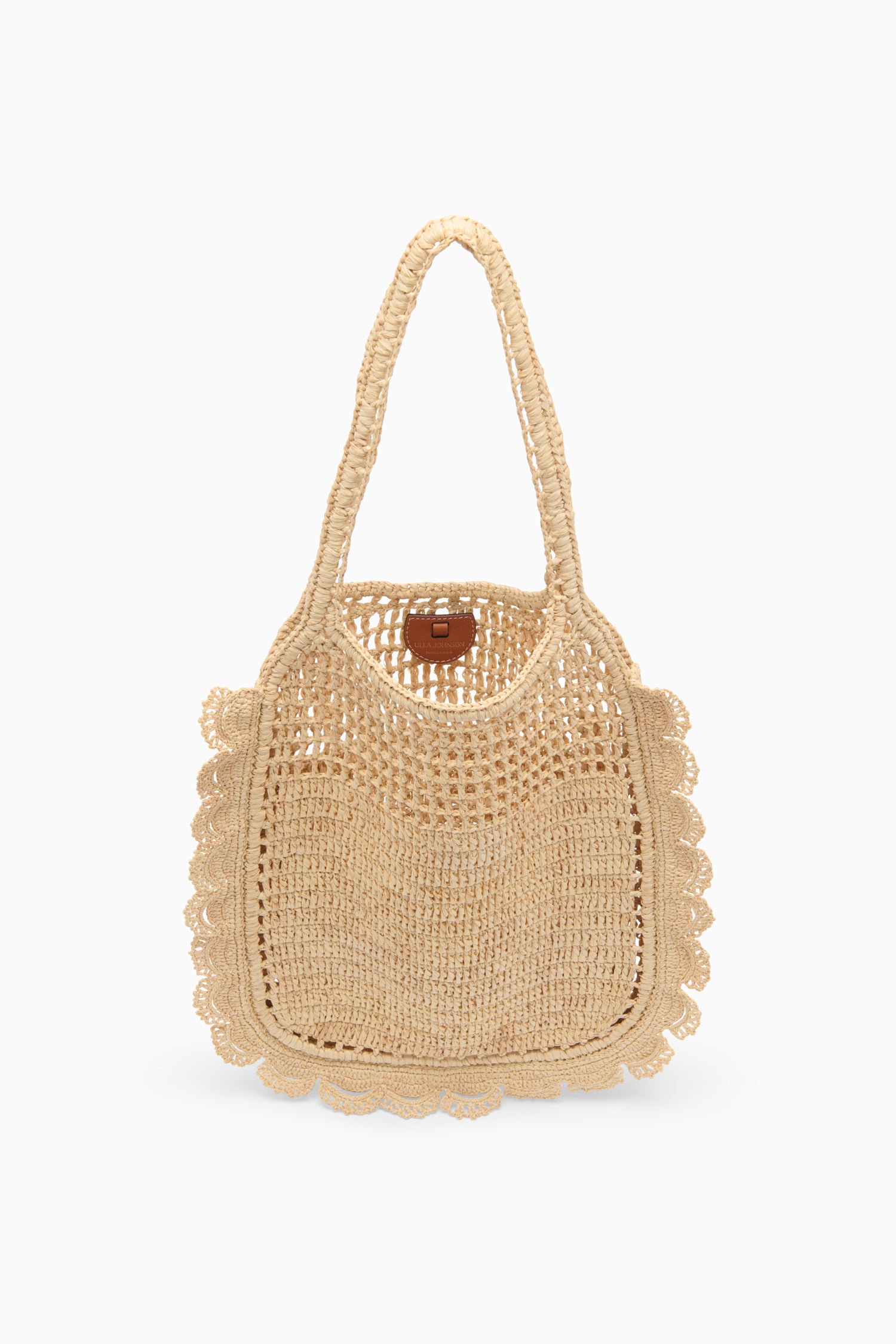 Ulla Johnson Natural Hand-Crocheted Raffia Flat Tote with Leather Clasp - Front View | Ulla Johnson