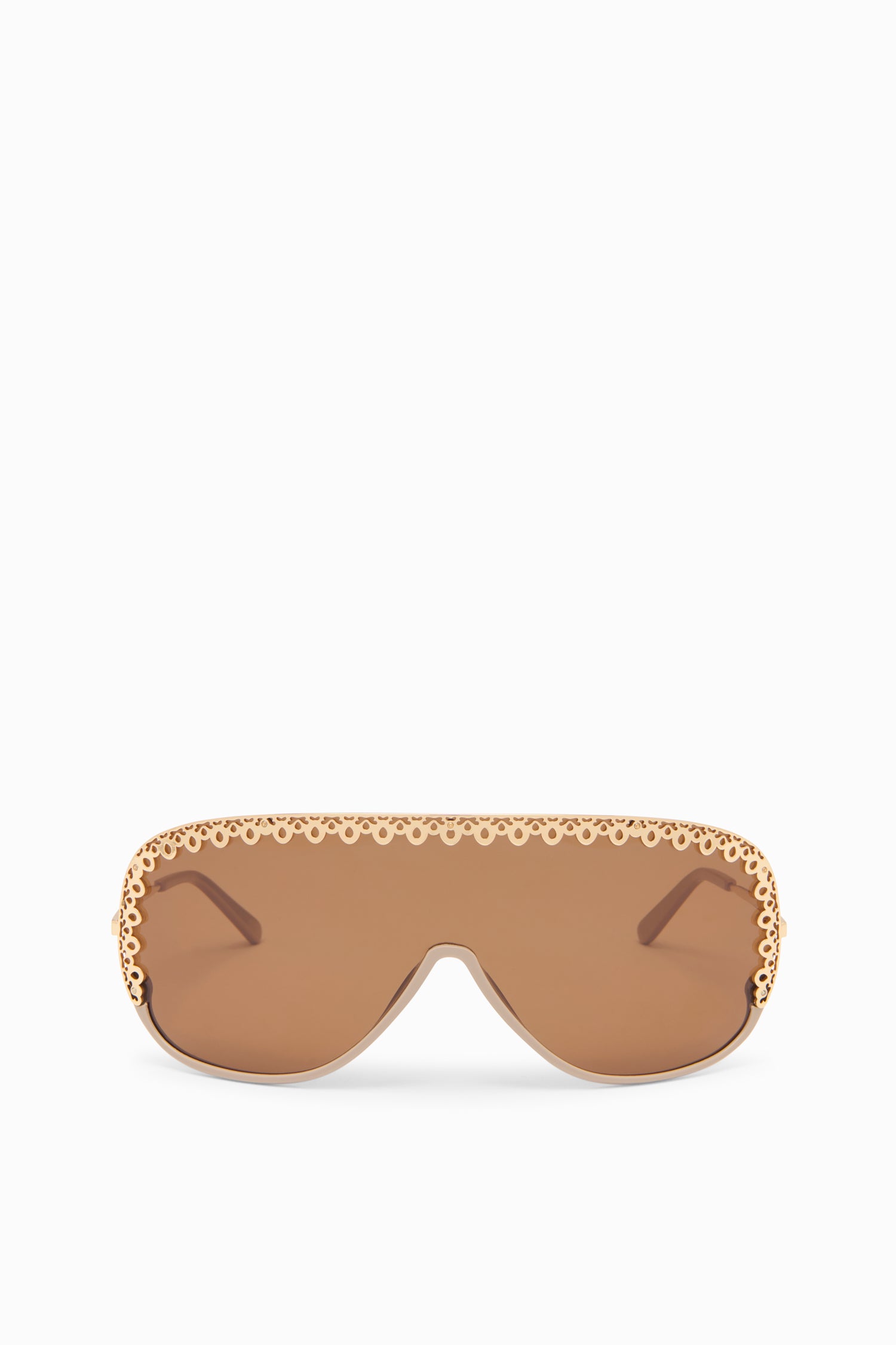 Fawn Acetate Shield Sunglasses with Gold-Tone Ornate Trim - Front View | Ulla Johnson