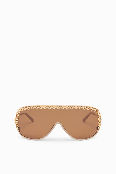 Fawn Acetate Shield Sunglasses with Gold-Tone Ornate Trim - Front View | Ulla Johnson