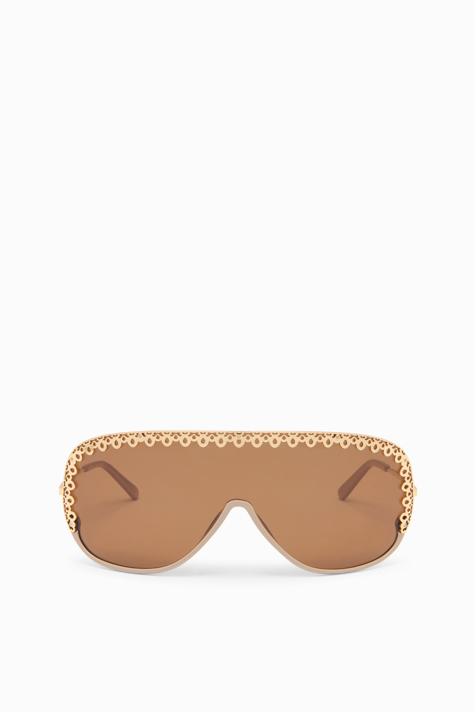 Fawn Acetate Shield Sunglasses with Gold-Tone Ornate Trim - Front View | Ulla Johnson