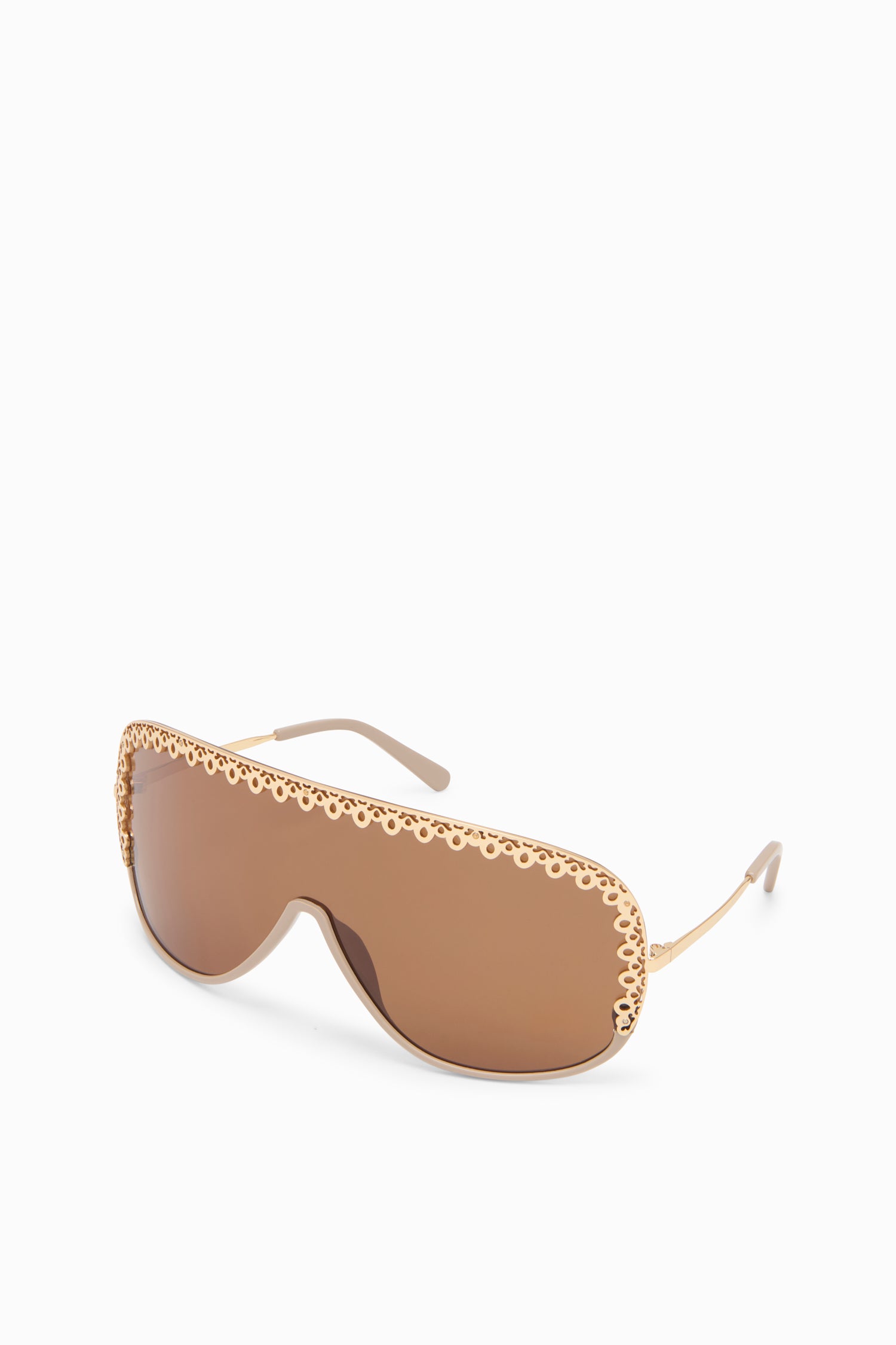 Ulla Johnson Fawn Acetate Designer Shield Sunglasses with Gold Filigree Trim - Three-Quarter View | Ulla Johnson