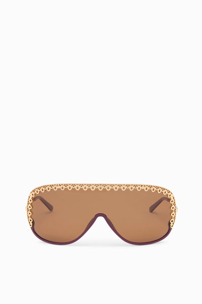 Plum Acetate Shield Sunglasses with Gold-Tone Ornate Trim - Front View | Ulla Johnson