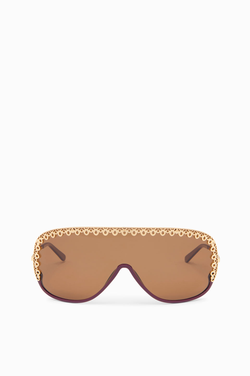 Plum Acetate Shield Sunglasses with Gold-Tone Ornate Trim - Front View | Ulla Johnson