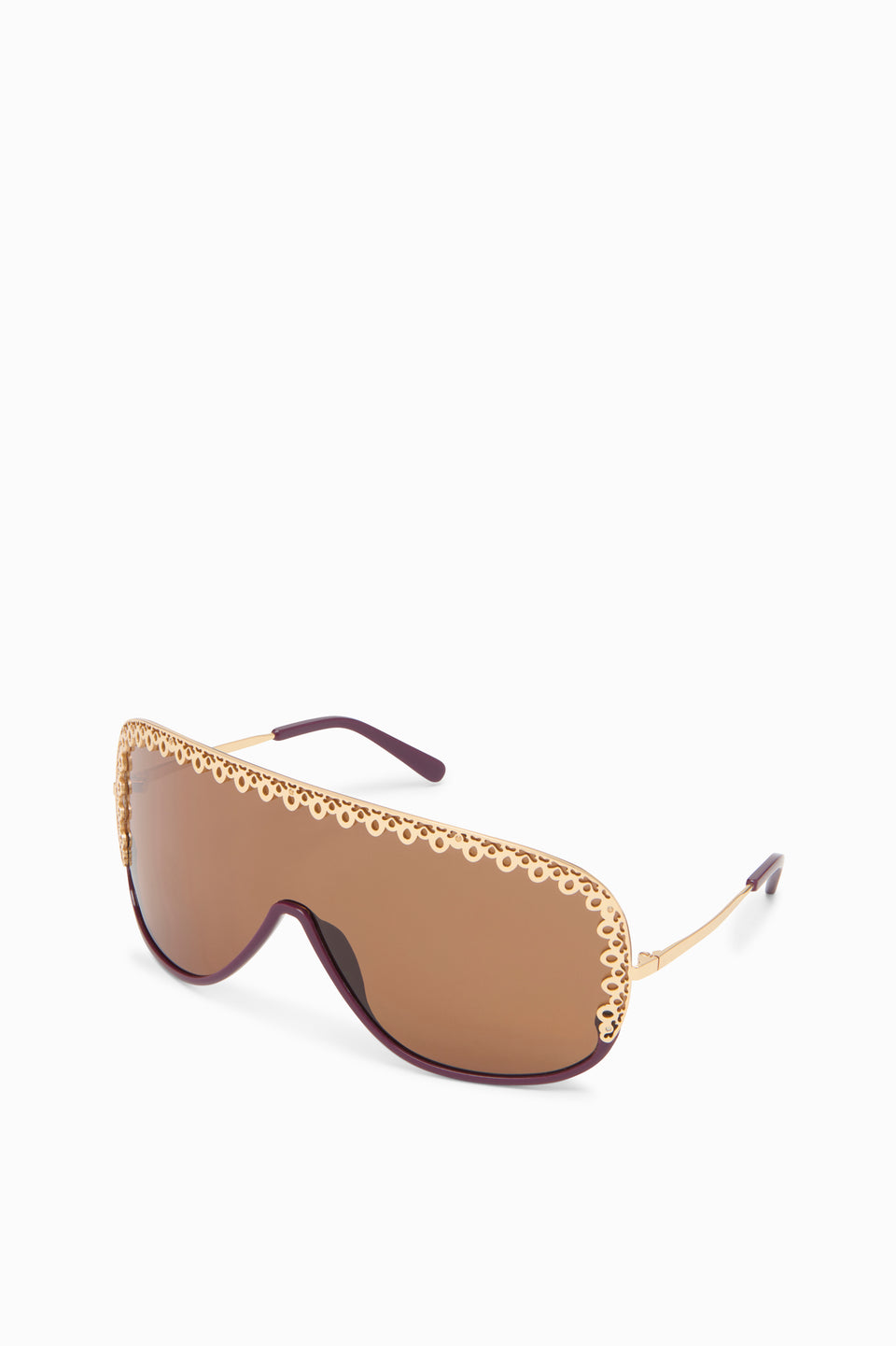 Plum Acetate Designer Shield Sunglasses with Gold Lace-Edge Trim - Side Angle | Ulla Johnson