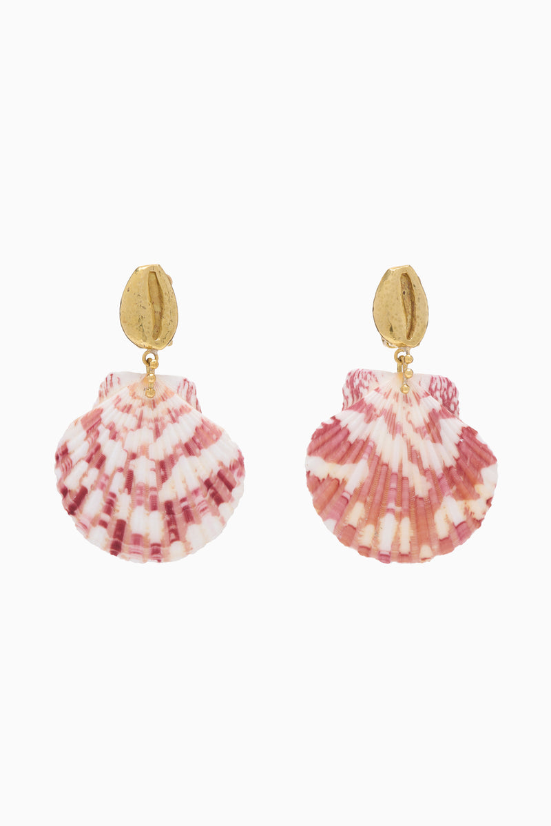 Pink Calico Shell Drop Earrings with Gold Brass Cowrie Posts - Front View | Ulla Johnson